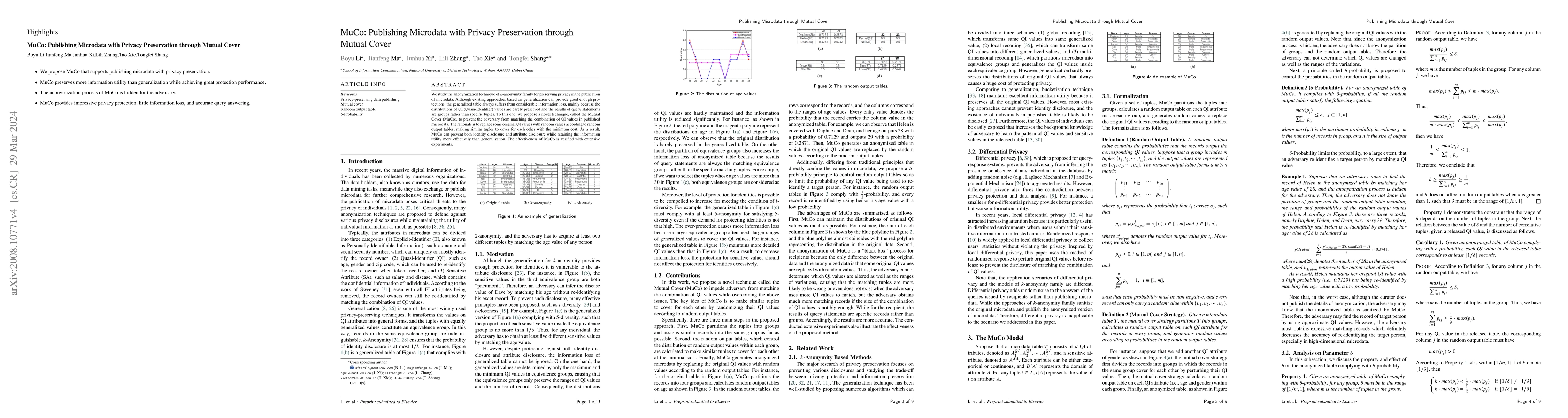 Thumbnail for MuCo: Publishing Microdata with Privacy Preservation through Mutual
  Cover