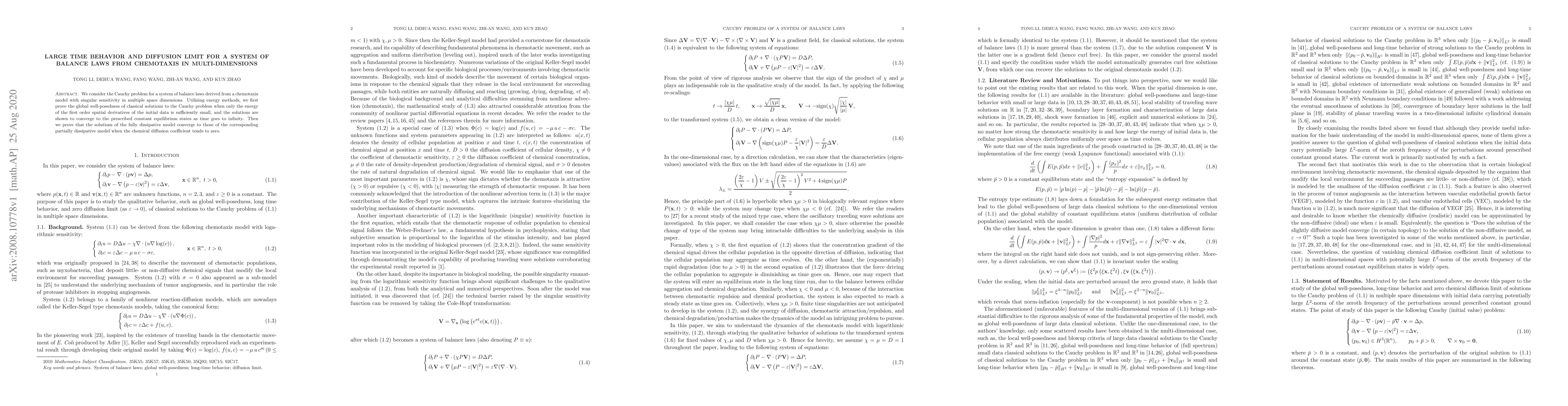 Thumbnail for Large Time Behavior and Diffusion Limit for a System of Balance Laws
  From Chemotaxis in Multi-dimensions