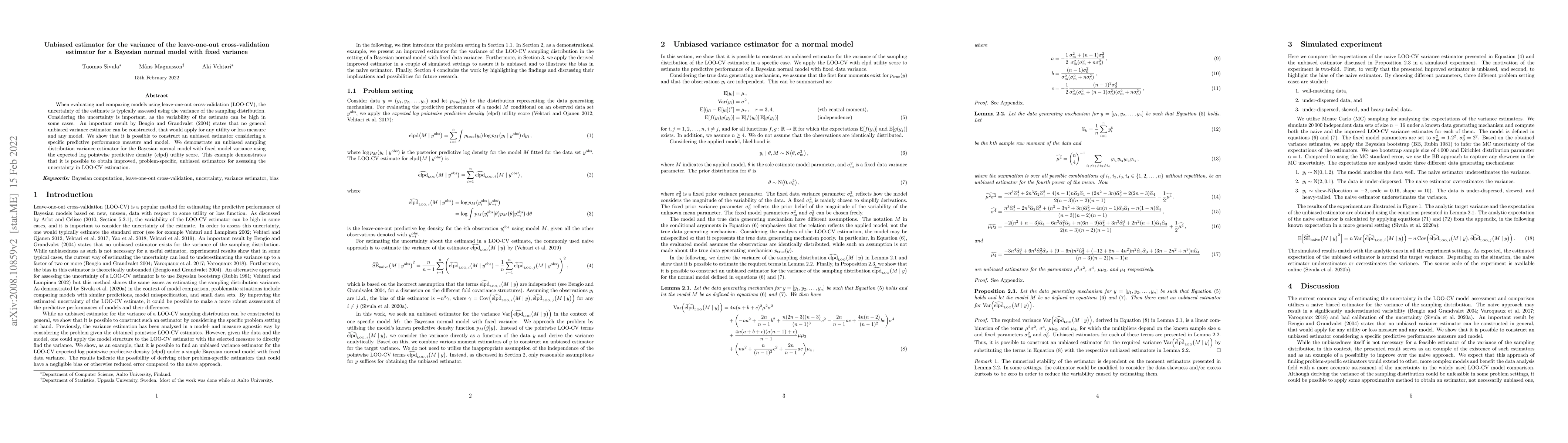 Thumbnail for Unbiased estimator for the variance of the leave-one-out
  cross-validation estimator for a Bayesian normal model with fixed variance