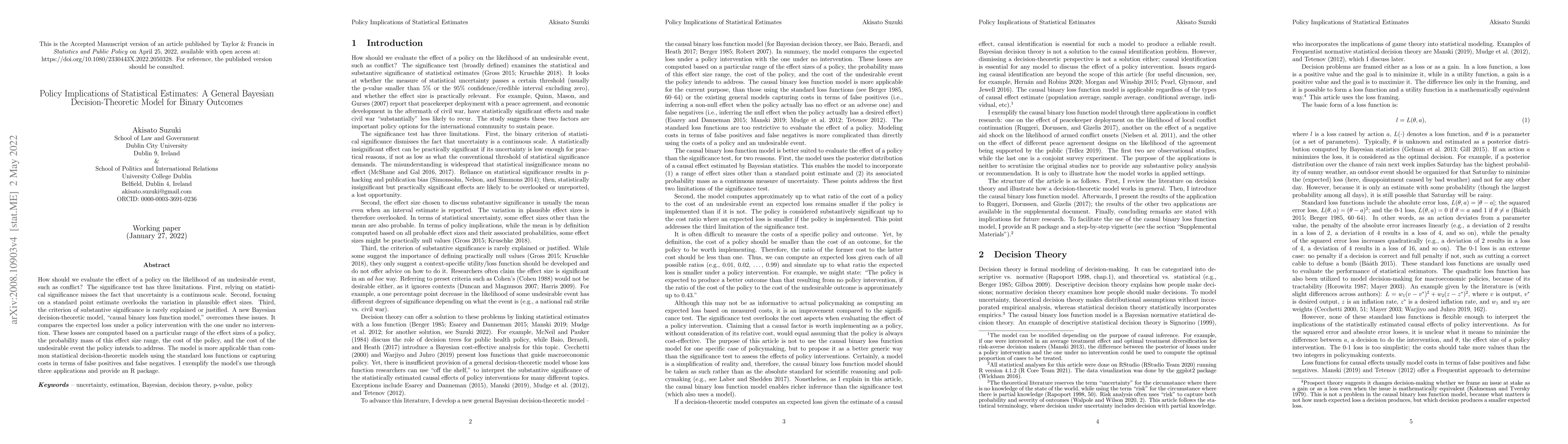 Thumbnail for Policy Implications of Statistical Estimates: A General Bayesian
  Decision-Theoretic Model for Binary Outcomes
