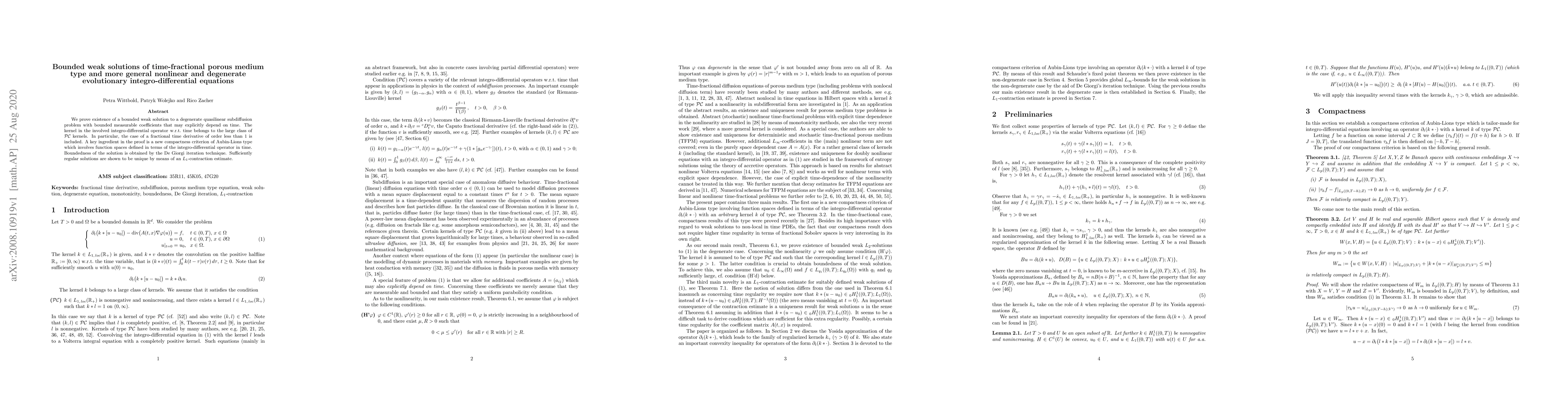 Thumbnail for Bounded weak solutions of time-fractional porous medium type and more
  general nonlinear and degenerate evolutionary integro-differential equations