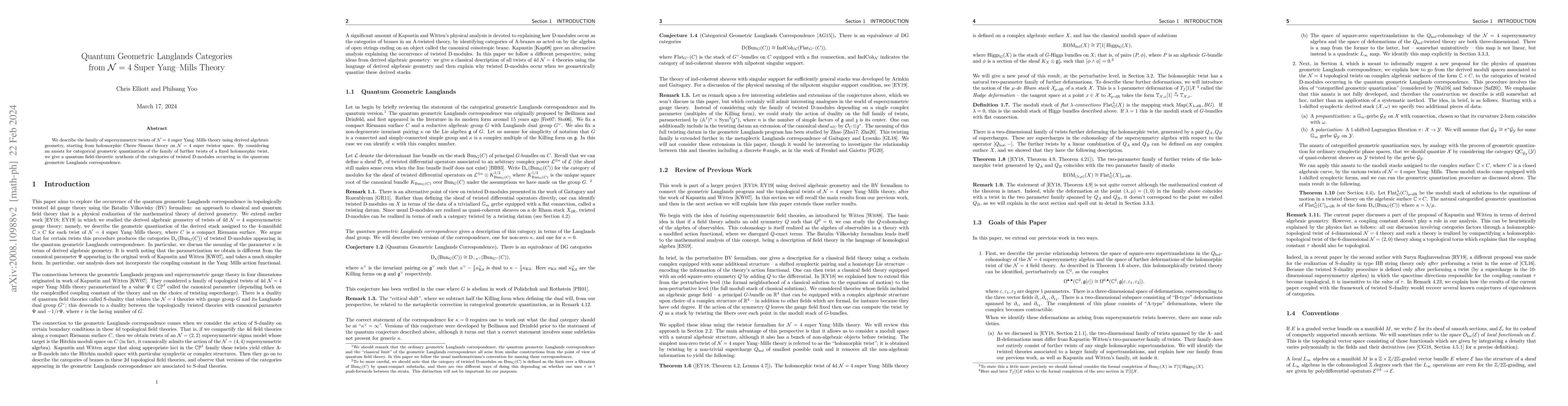 Thumbnail for Quantum Geometric Langlands Categories from N = 4 Super Yang-Mills
  Theory