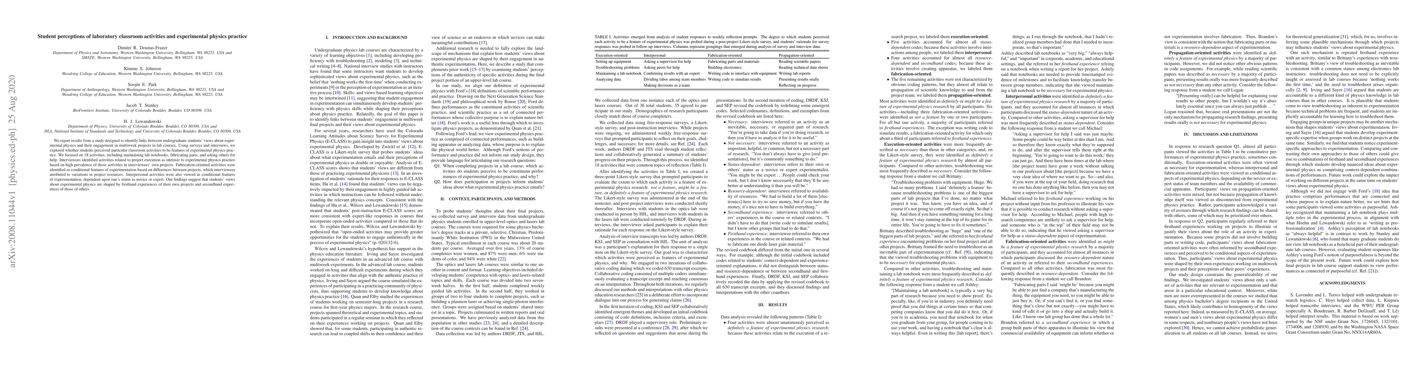 Thumbnail for Student perceptions of laboratory classroom activities and experimental
  physics practice