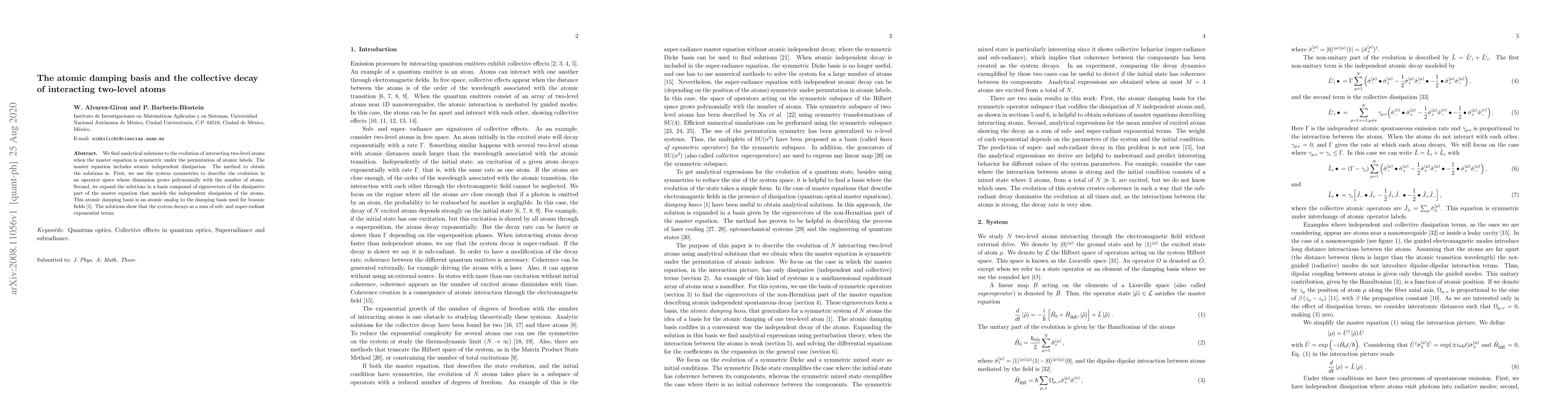 Thumbnail for The atomic damping basis and the collective decay of interacting
  two-level atoms