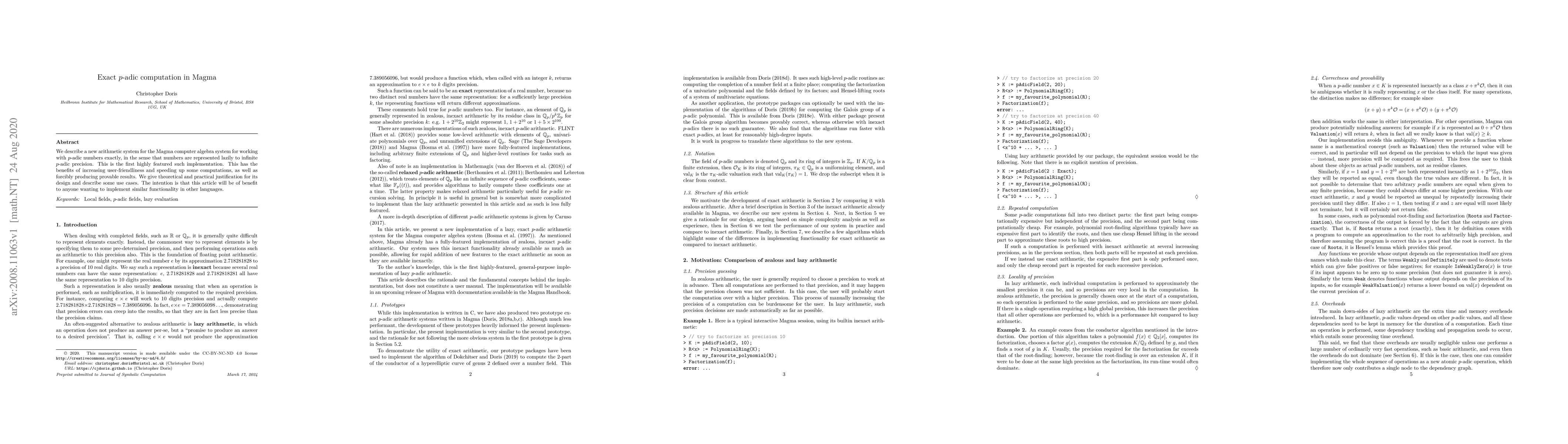 Thumbnail for Exact $p$-adic computation in Magma