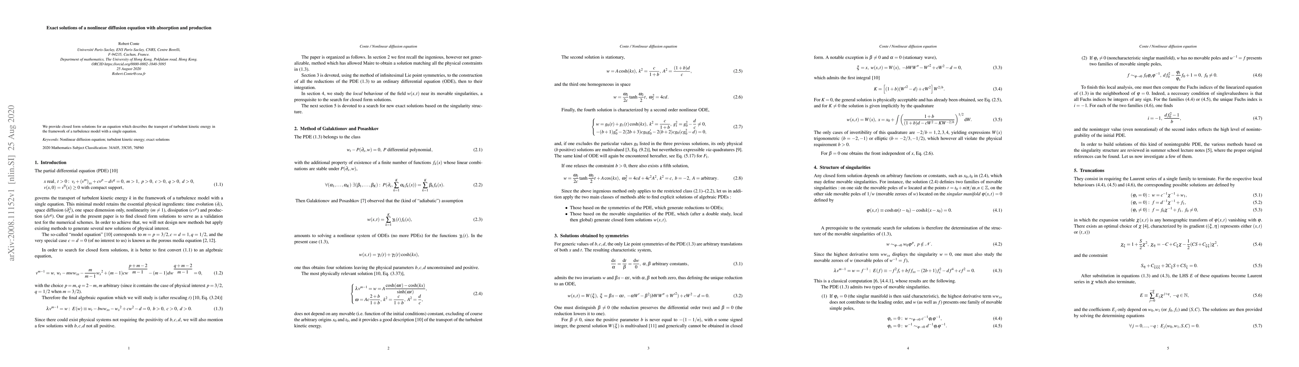 Thumbnail for Exact solutions of a nonlinear diffusion equation with absorption and
  production