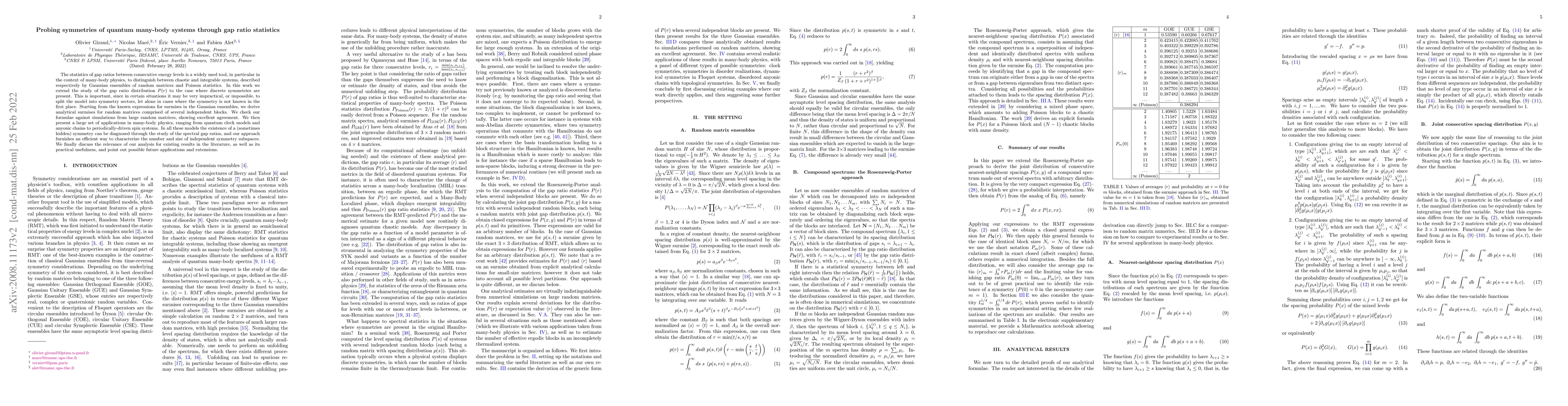 Thumbnail for Probing symmetries of quantum many-body systems through gap ratio
  statistics