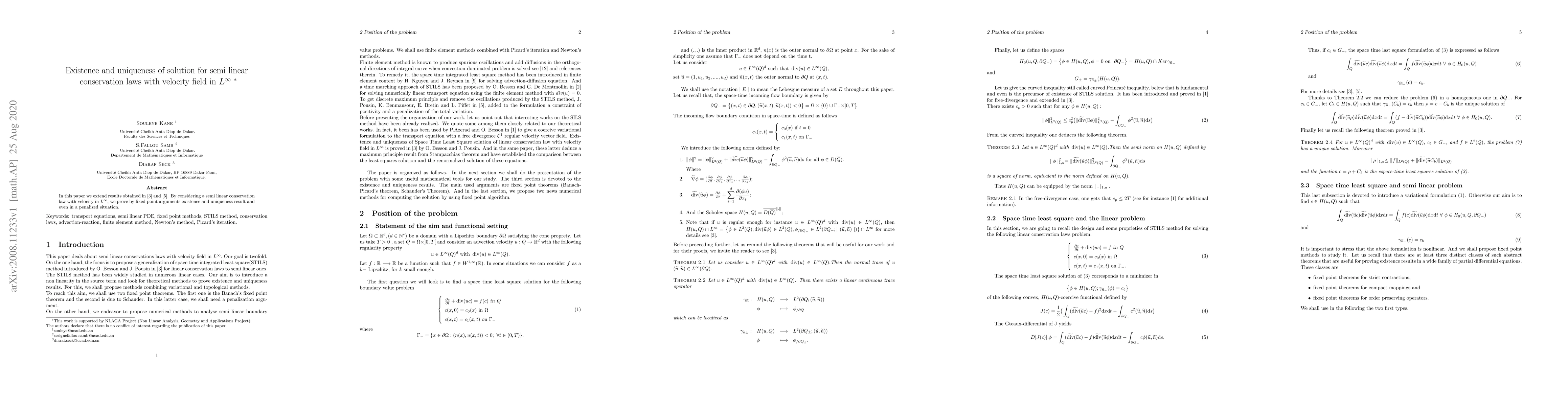 Thumbnail for Existence and uniqueness of solution for semi linear conservation laws
  with velocity field in $L^\infty$