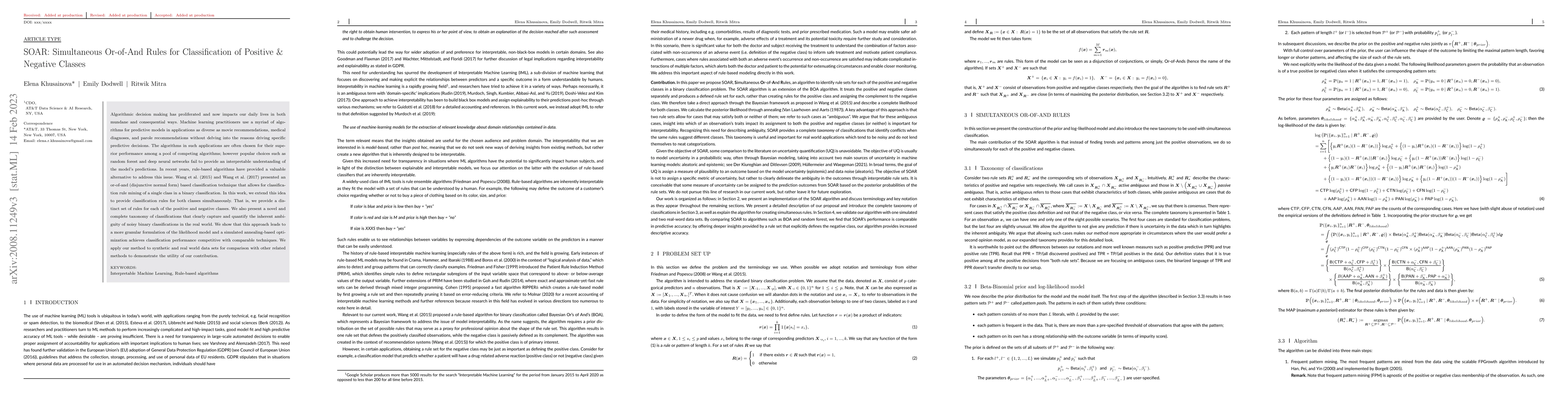 Thumbnail for SOAR: Simultaneous Or of And Rules for Classification of Positive &
  Negative Classes
