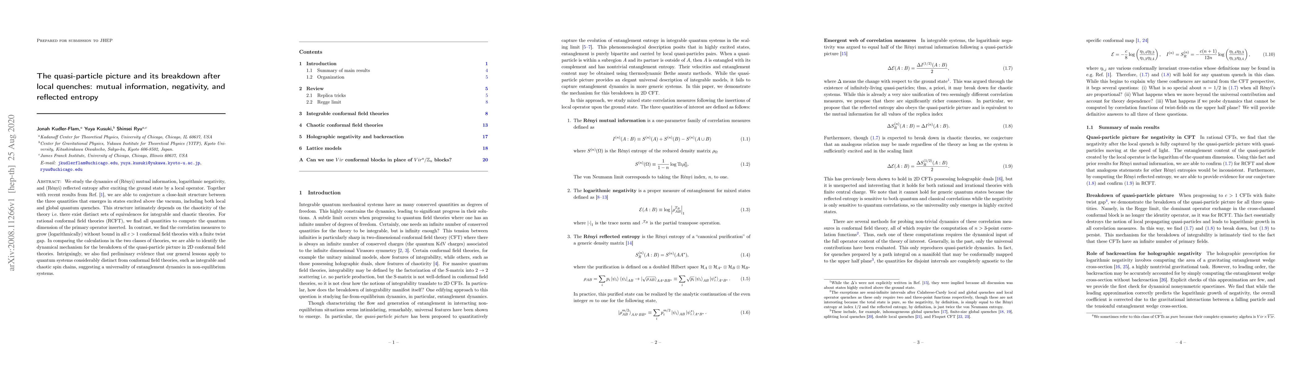 Thumbnail for The quasi-particle picture and its breakdown after local quenches:
  mutual information, negativity, and reflected entropy