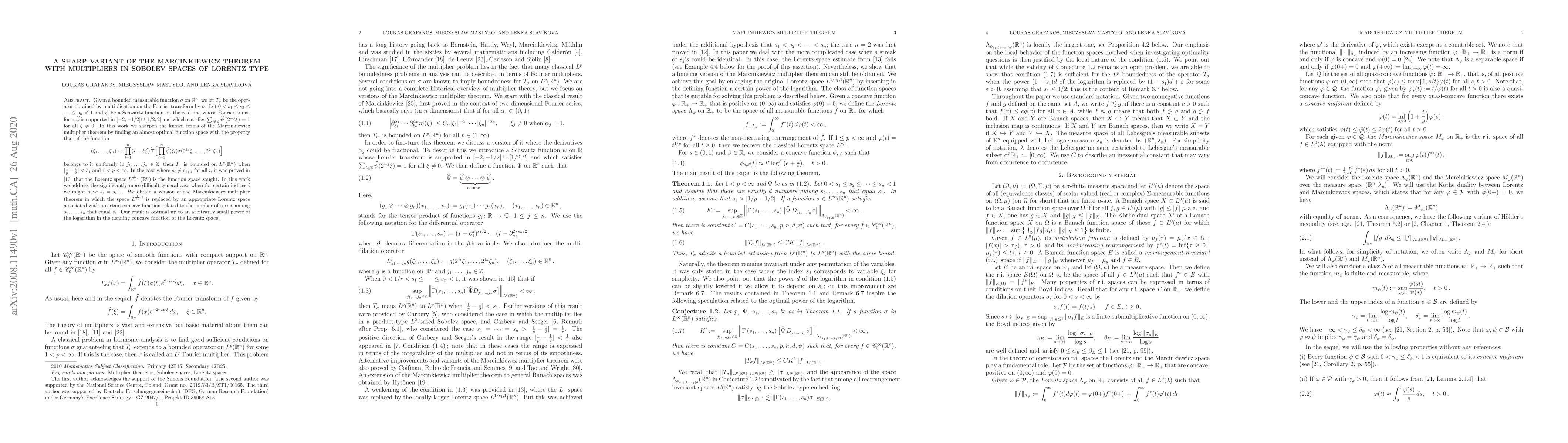 Thumbnail for A sharp variant of the Marcinkiewicz theorem with multipliers in Sobolev
  spaces of Lorentz type