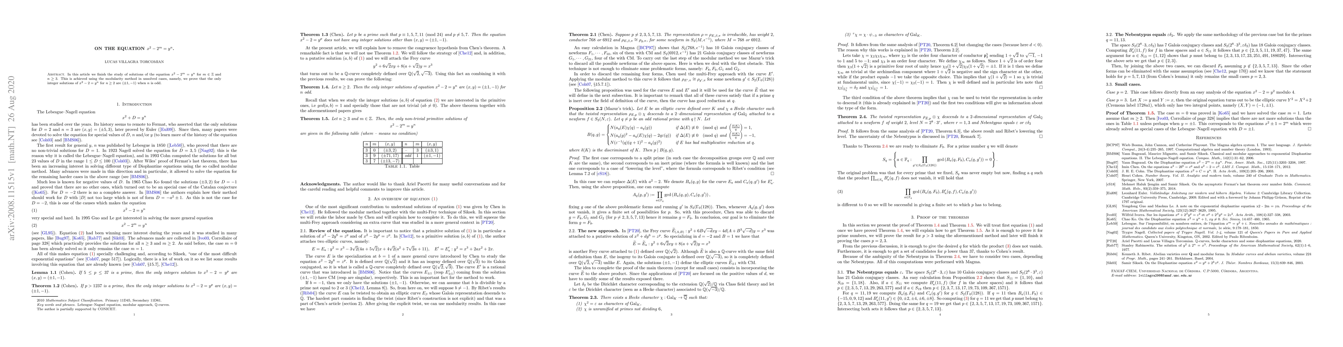 Thumbnail for On the equation $x^2-2^m=y^n$