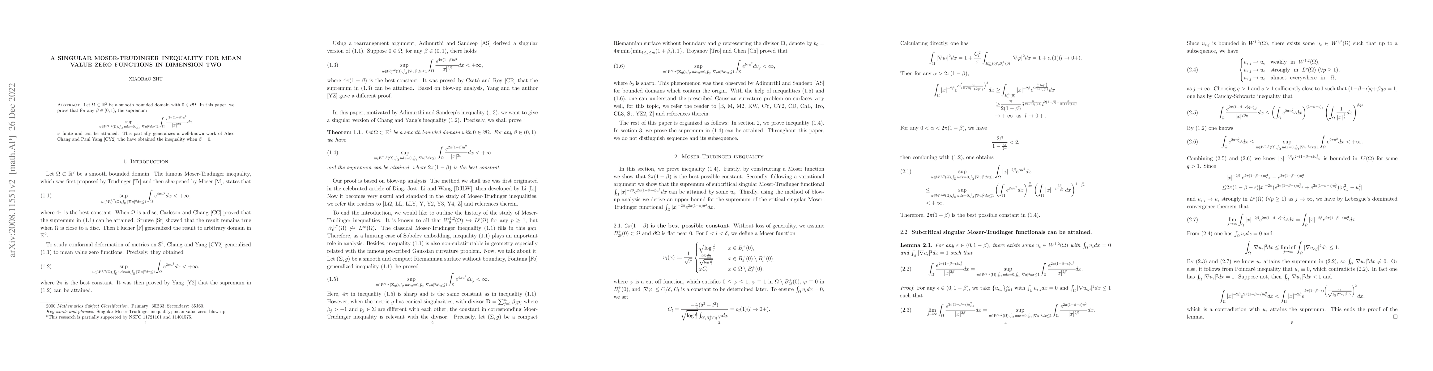 Thumbnail for A singular Moser-Trudinger inequality for mean value zero functions in
  dimension two