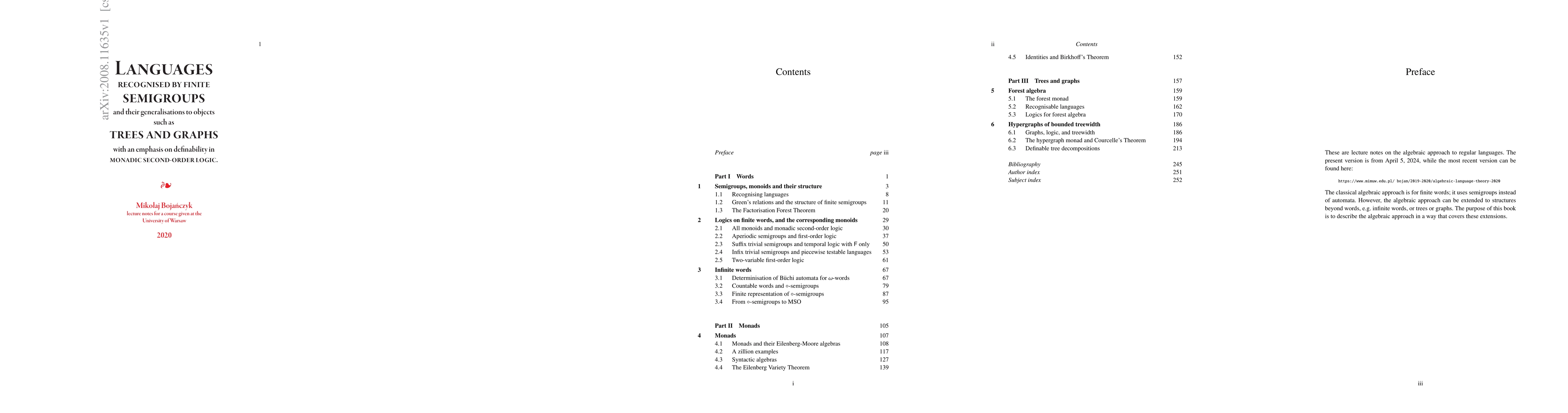 Thumbnail for Languages recognised by finite semigroups, and their generalisations to
  objects such as trees and graphs, with an emphasis on definability in monadic
  second-order logic