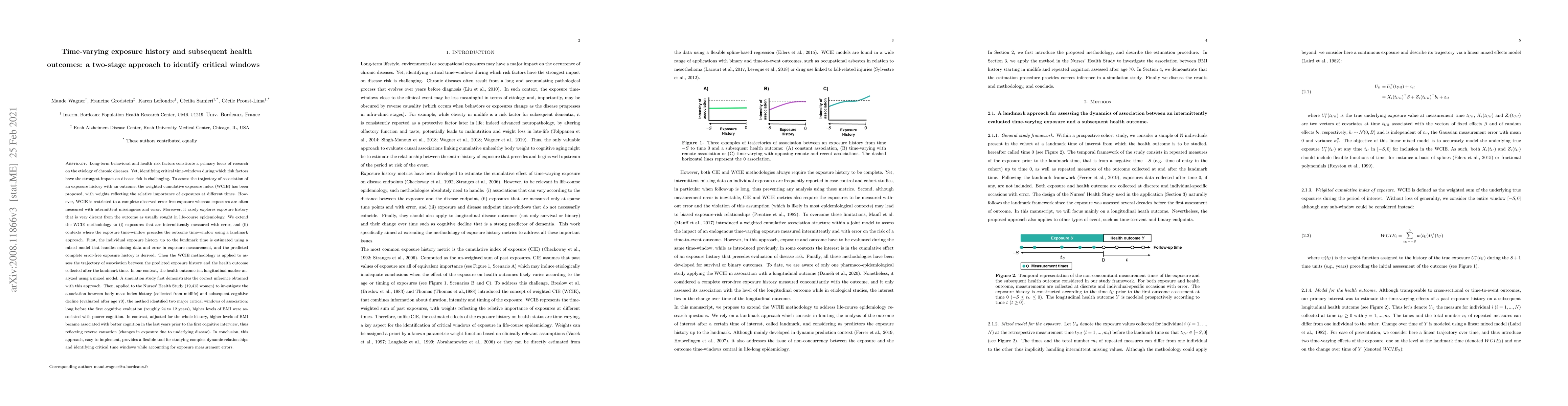 Thumbnail for Time-varying exposure history and subsequent health outcomes: a
  two-stage approach to identify critical windows