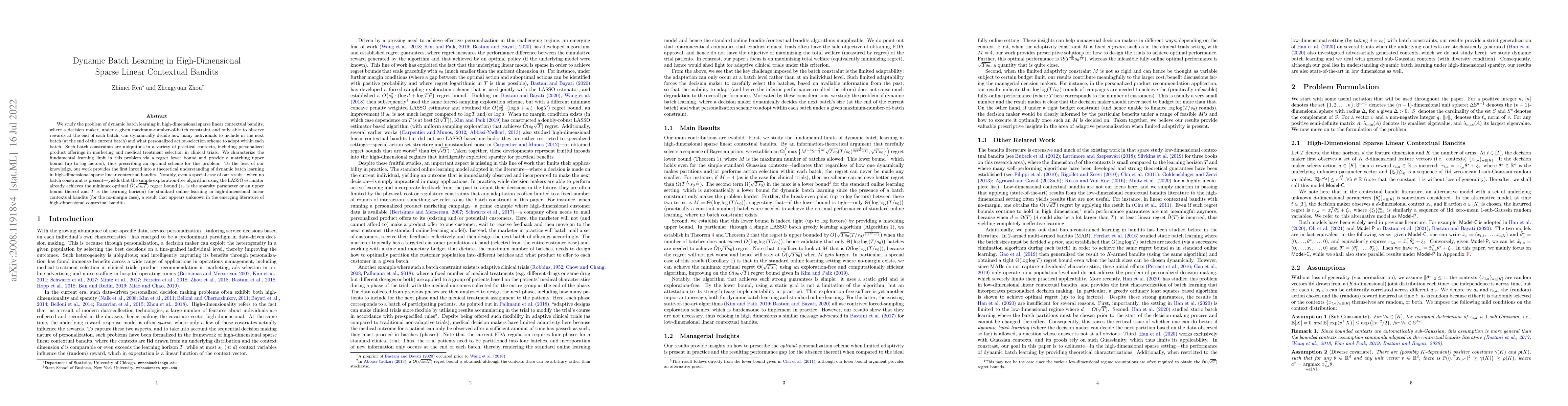 Thumbnail for Dynamic Batch Learning in High-Dimensional Sparse Linear Contextual
  Bandits