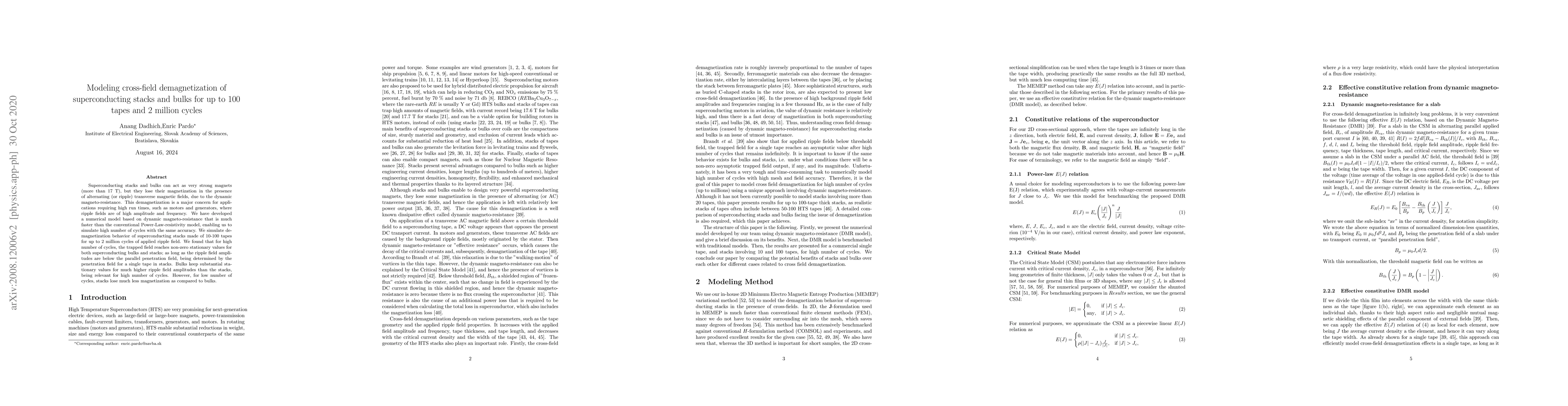 Thumbnail for Modeling cross-field demagnetization of superconducting stacks and bulks
  for up to 100 tapes and 2 million cycles