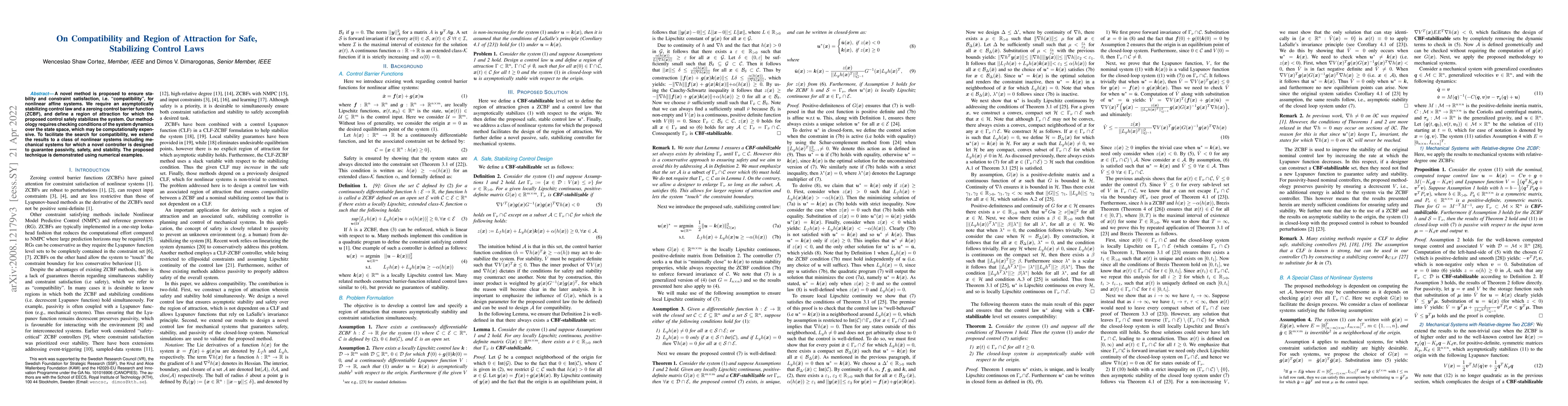 Thumbnail for On Compatibility and Region of Attraction for Safe, Stabilizing Control
  Laws