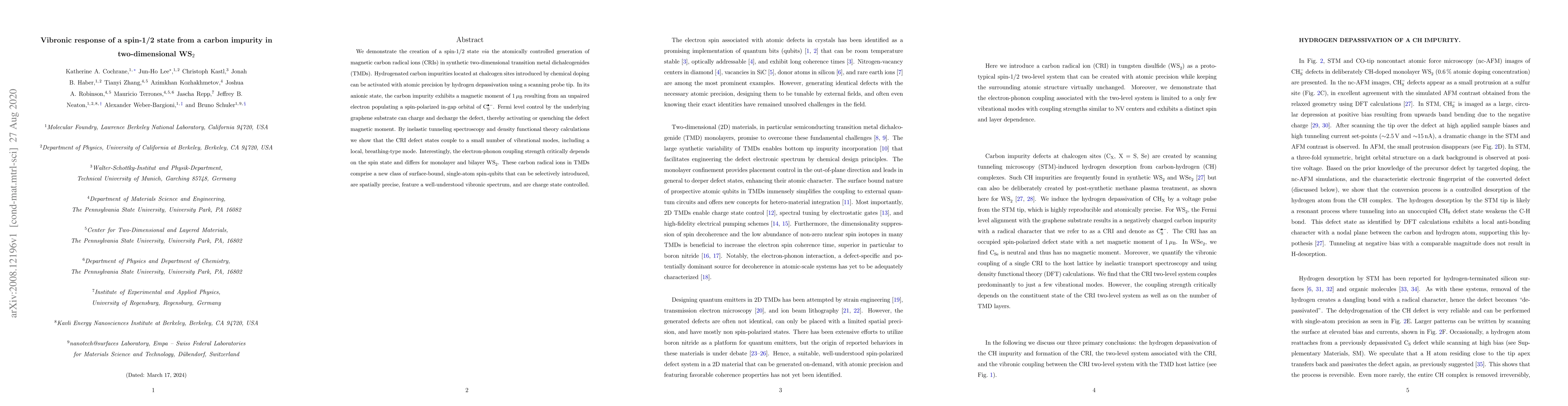 Thumbnail for Vibronic response of a spin-1/2 state from a carbon impurity in
  two-dimensional WS$_2$