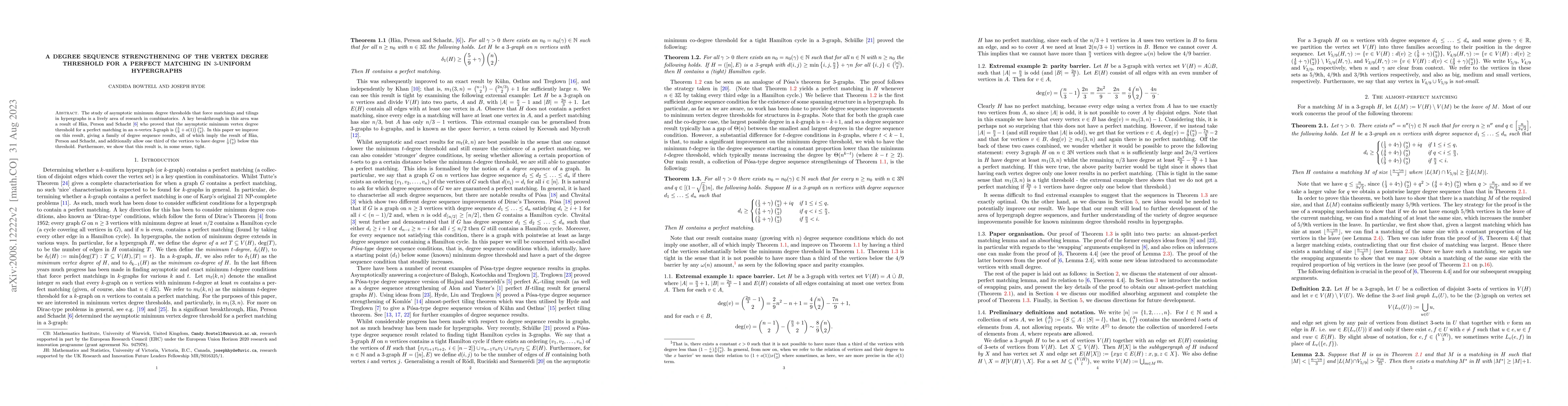 Thumbnail for A degree sequence strengthening of the vertex degree threshold for a
  perfect matching in 3-uniform hypergraphs
