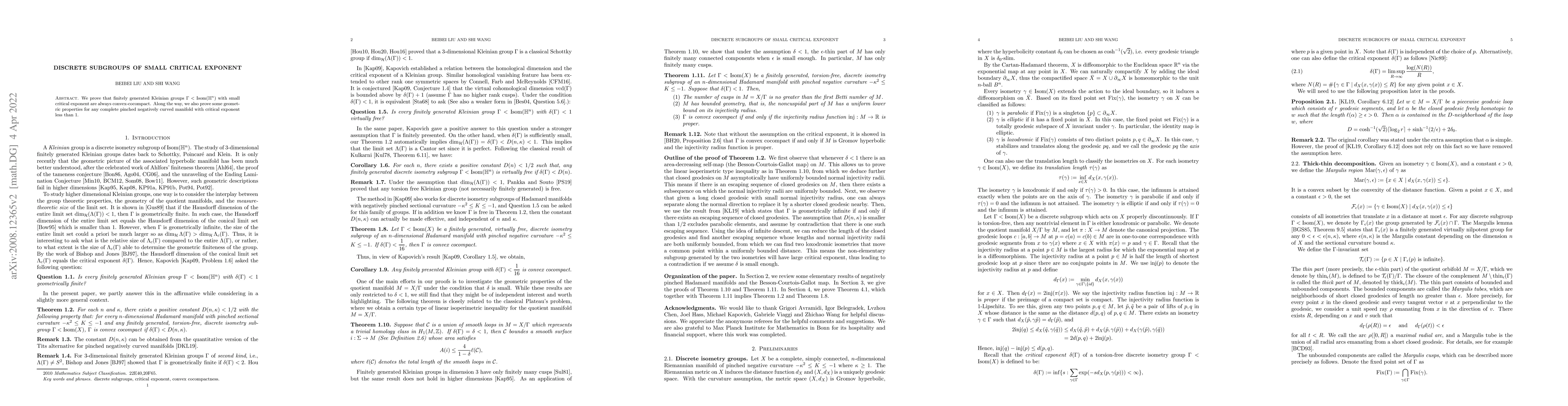 Thumbnail for Discrete subgroups of small critical exponent