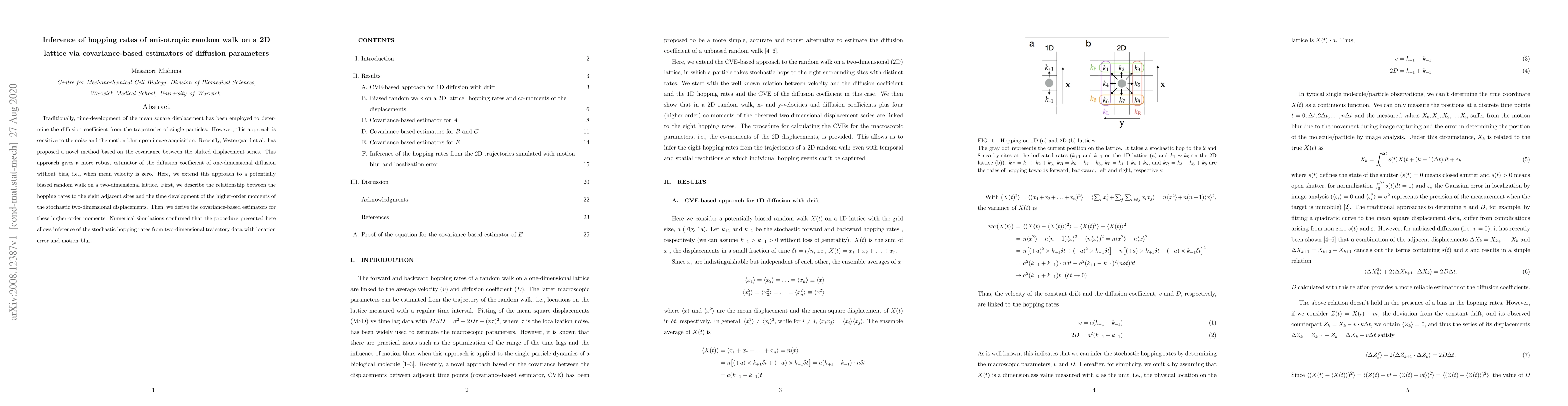 Thumbnail for Inference of hopping rates of anisotropic random walk on a 2D lattice
  via covariance-based estimators of diffusion parameters