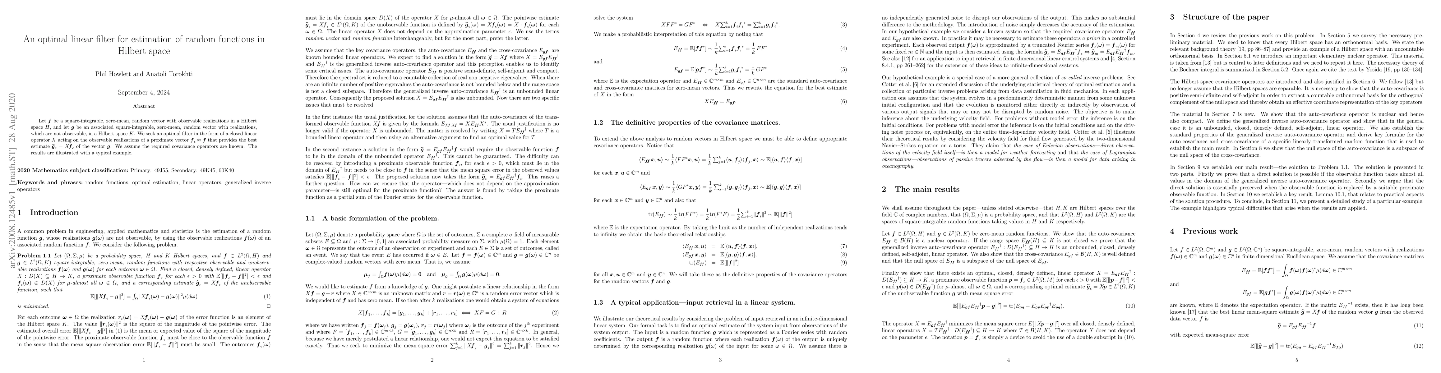 Thumbnail for An optimal linear filter for estimation of random functions in Hilbert
  space