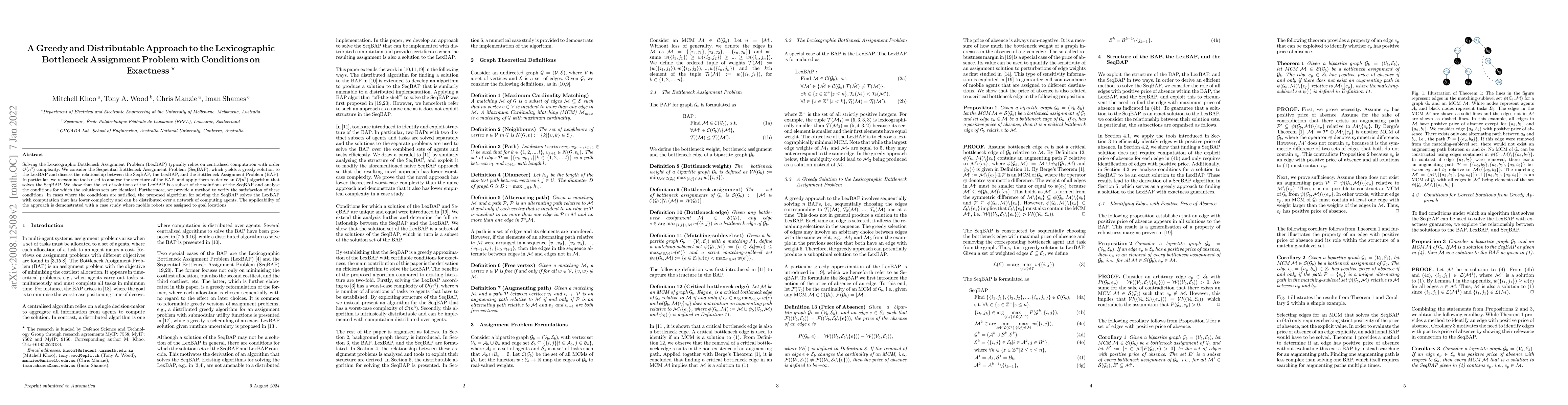Thumbnail for A Greedy and Distributable Approach to the Lexicographic Bottleneck
  Assignment Problem with Conditions on Exactness