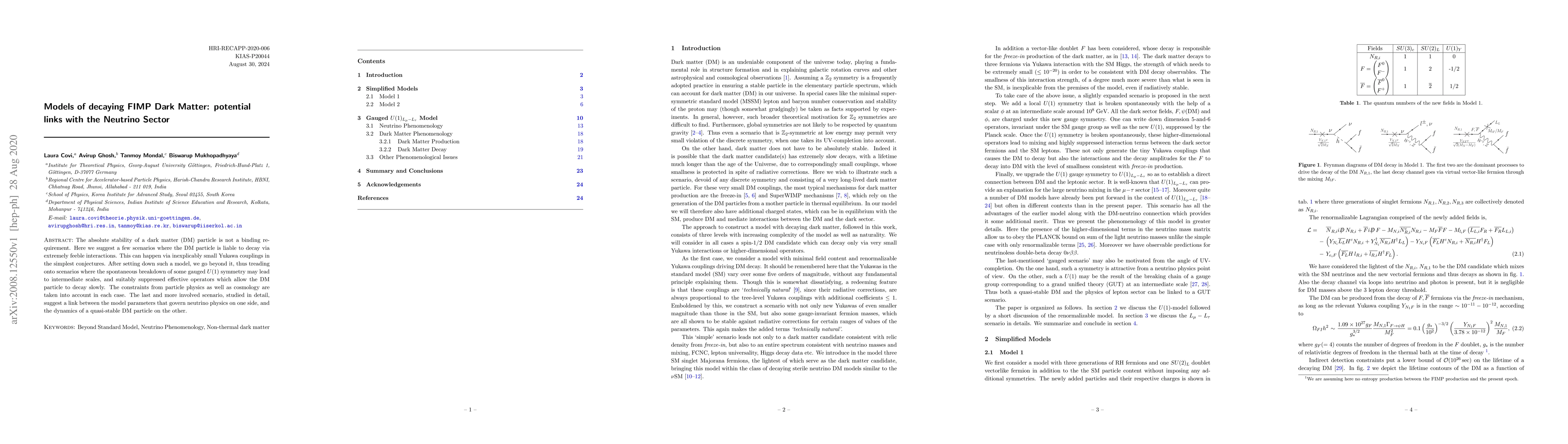 Thumbnail for Models of decaying FIMP Dark Matter: potential links with the Neutrino
  Sector