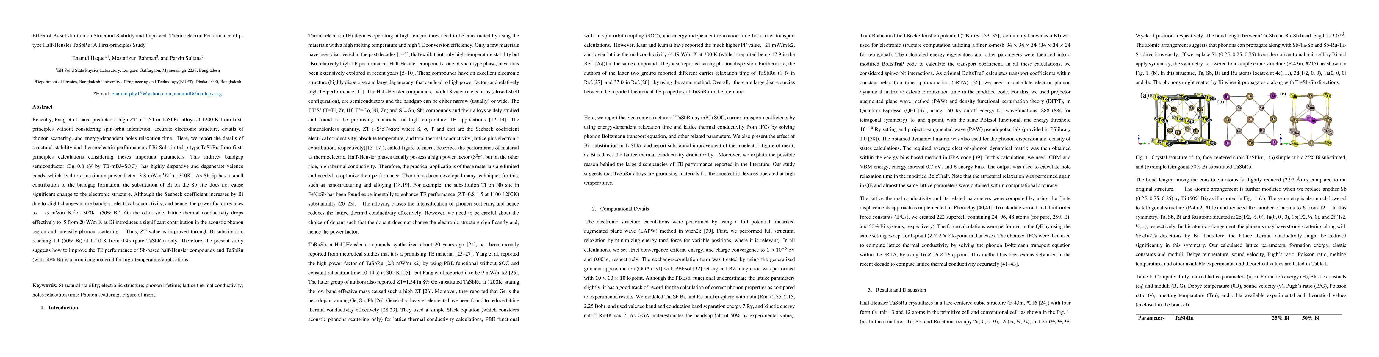 Thumbnail for Effect of Bi-substitution on Structural Stability and Improved
  Thermoelectric Performance of p-type Half-Heusler TaSbRu: A First-principles
  Study