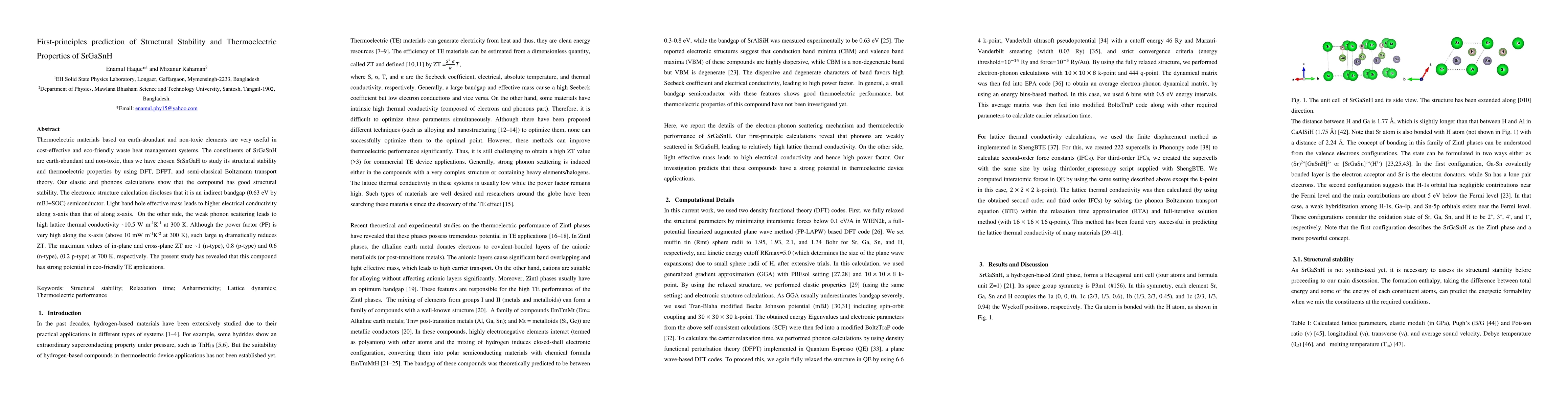 Thumbnail for First-principles prediction of Structural Stability and Thermoelectric
  Properties of SrGaSnH