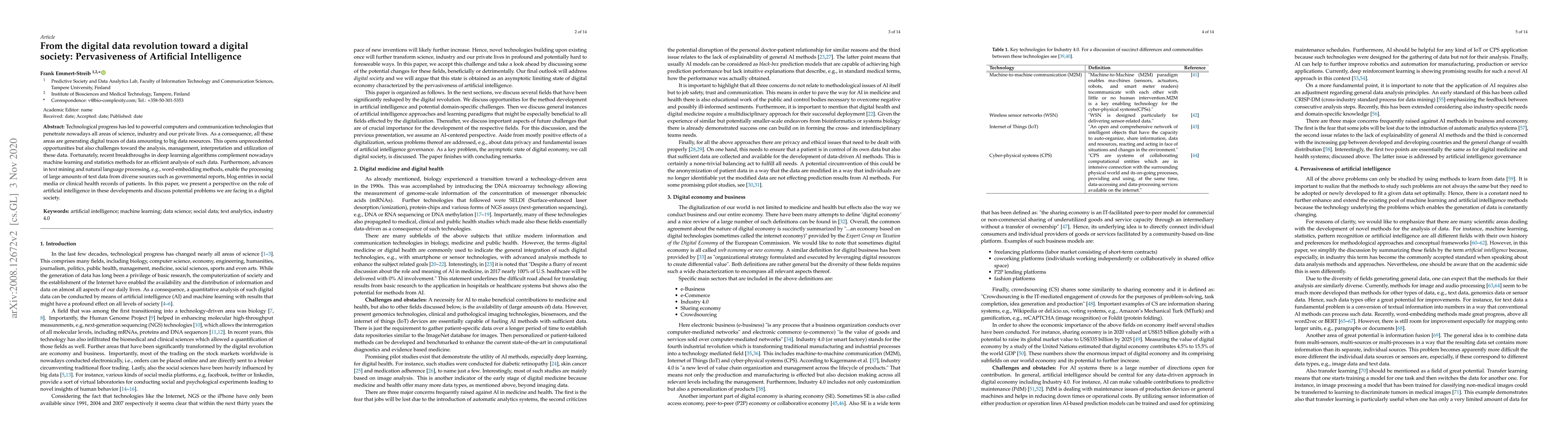 Thumbnail for From the digital data revolution to digital health and digital economy
  toward a digital society: Pervasiveness of Artificial Intelligence