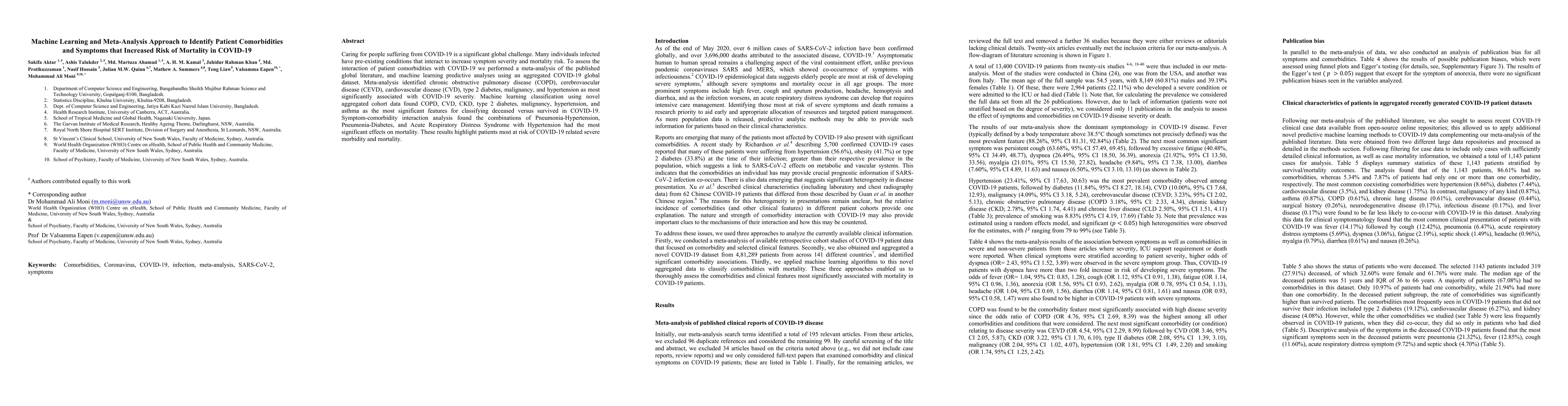 Thumbnail for Machine Learning and Meta-Analysis Approach to Identify Patient
  Comorbidities and Symptoms that Increased Risk of Mortality in COVID-19