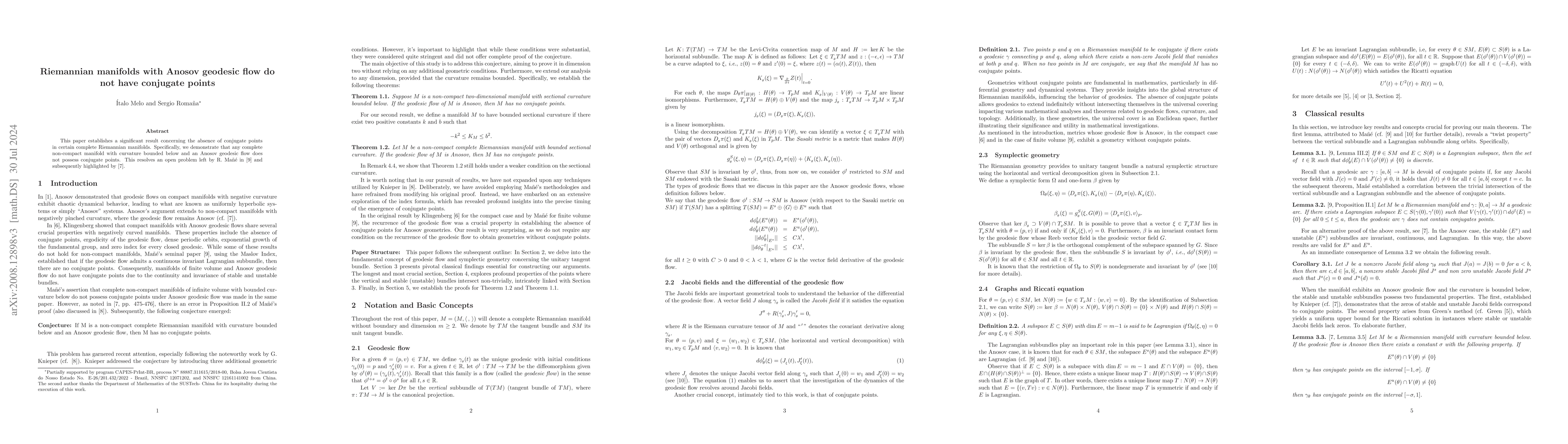 Thumbnail for Riemannian manifolds with Anosov geodesic flow do not have conjugate
  points