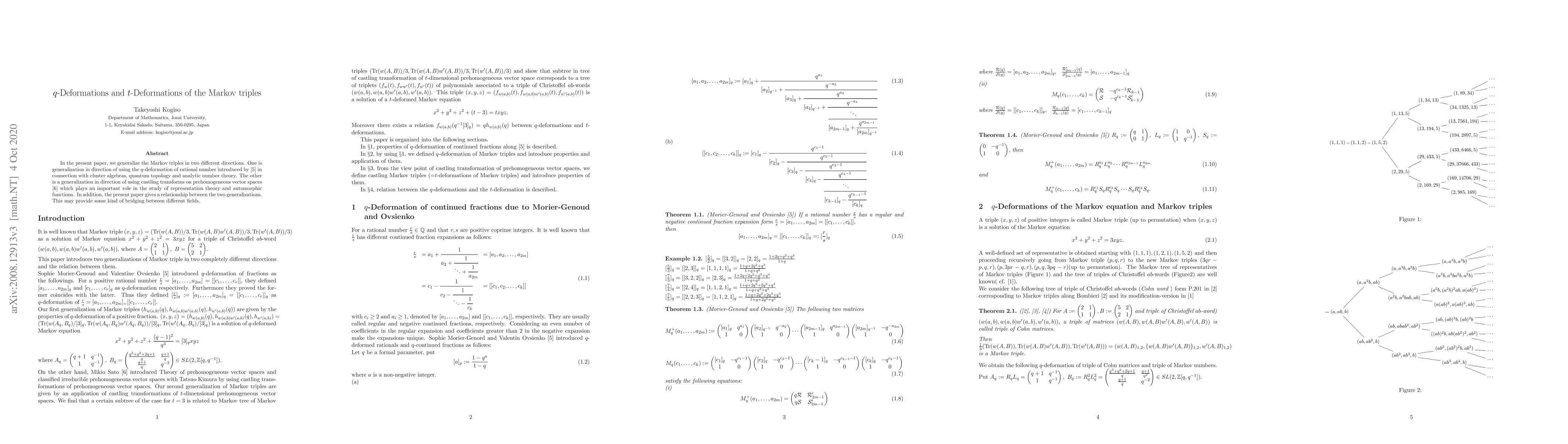 Thumbnail for $q$-Deformations and $t$-deformations of Markov triples