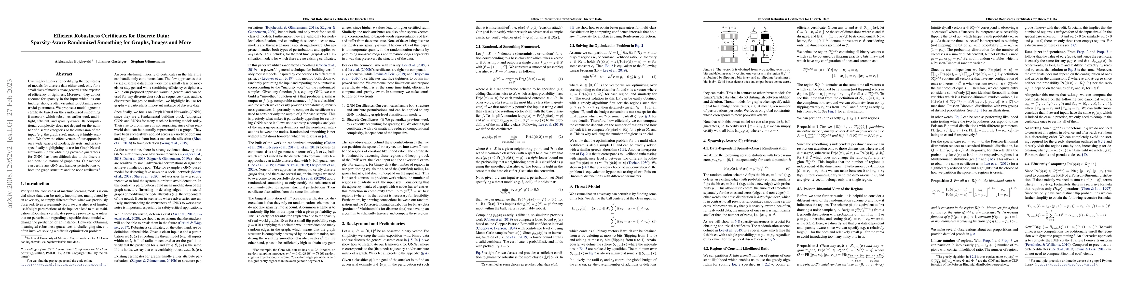 Thumbnail for Efficient Robustness Certificates for Discrete Data: Sparsity-Aware
  Randomized Smoothing for Graphs, Images and More