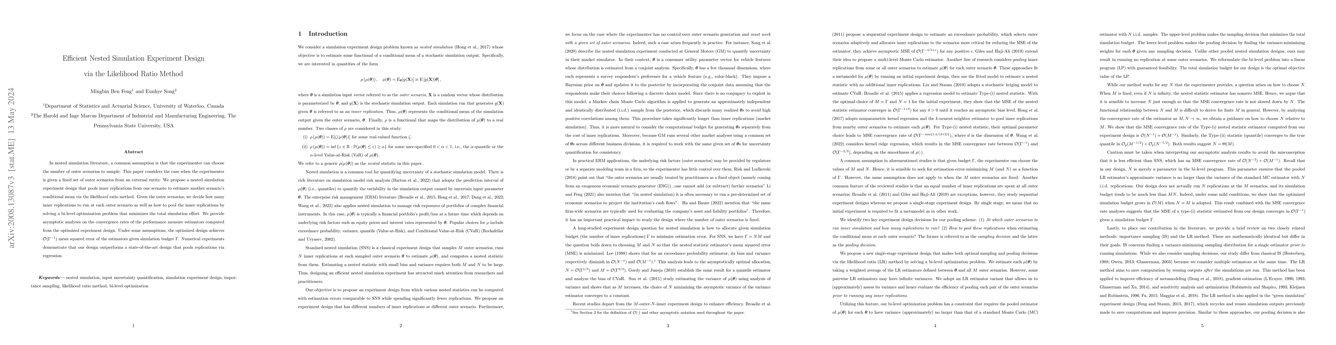 Thumbnail for Efficient Nested Simulation Experiment Design via the Likelihood Ratio
  Method