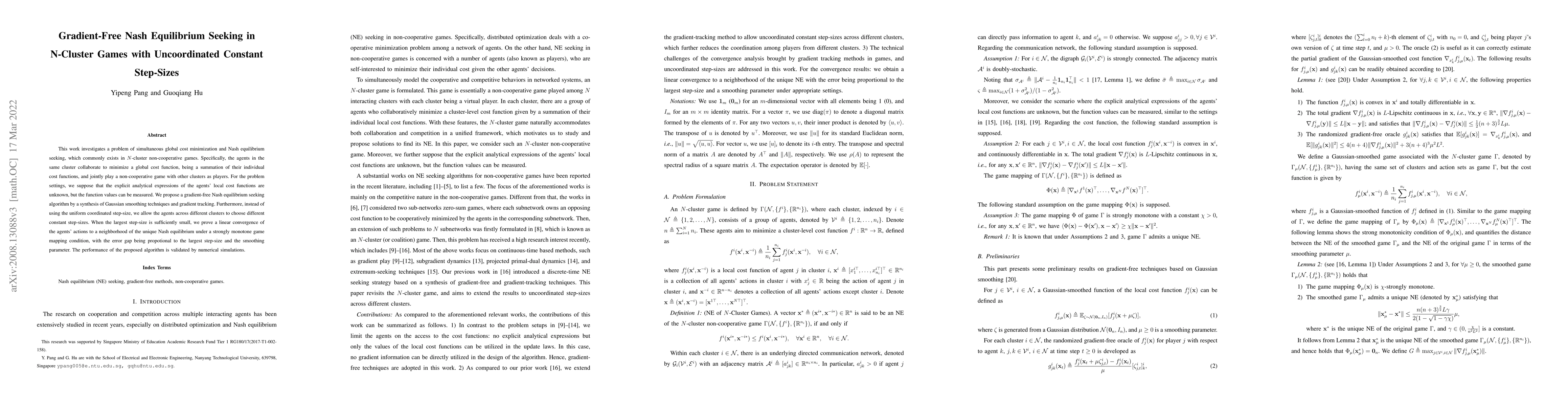 Thumbnail for Gradient-Free Nash Equilibrium Seeking in N-Cluster Games with
  Uncoordinated Constant Step-Sizes
