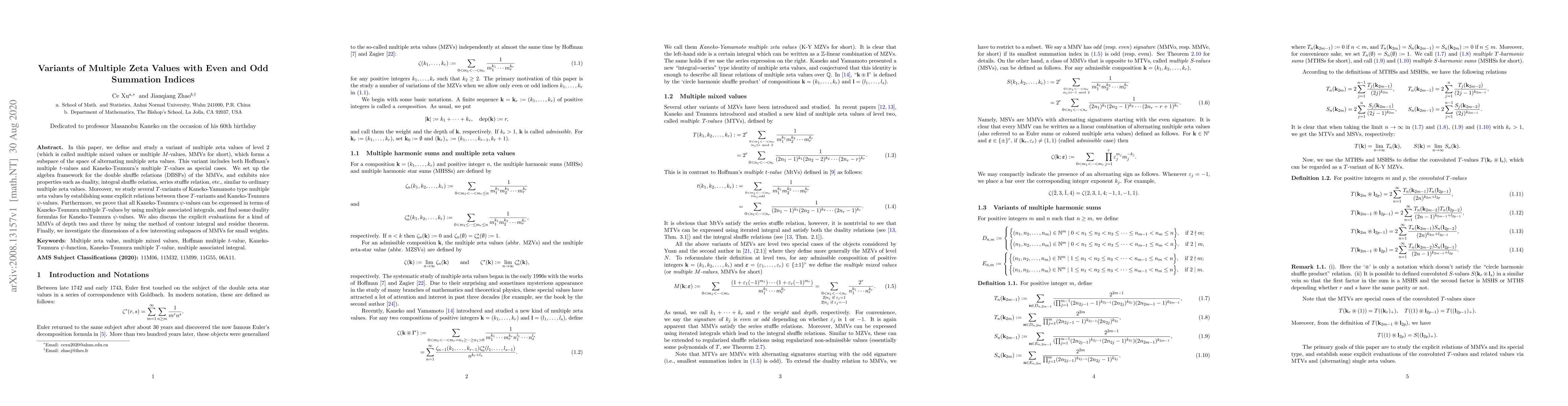 Thumbnail for Variants of Multiple Zeta Values with Even and Odd Summation Indices