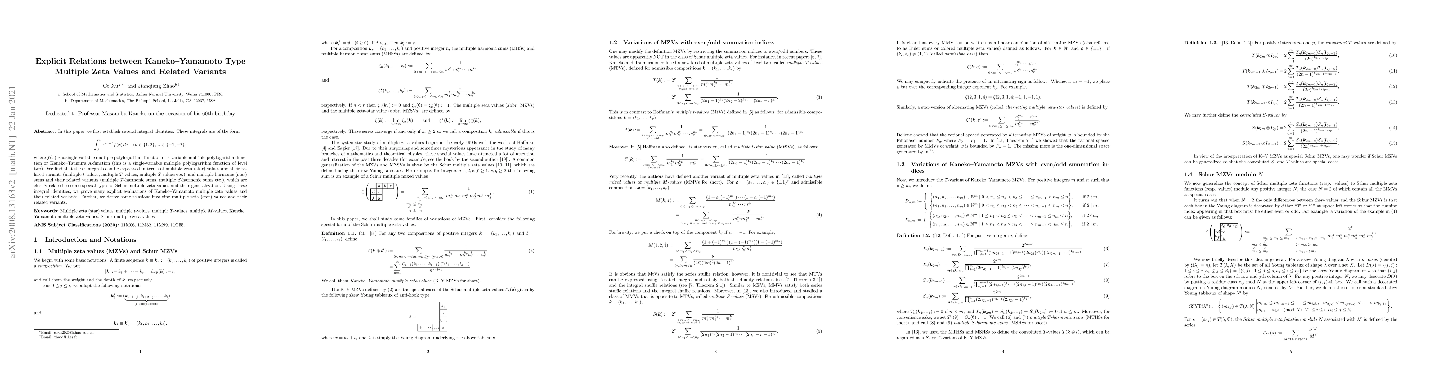 Thumbnail for Explicit Relations between Kaneko--Yamamoto Type Multiple Zeta Values
  and Related Variants