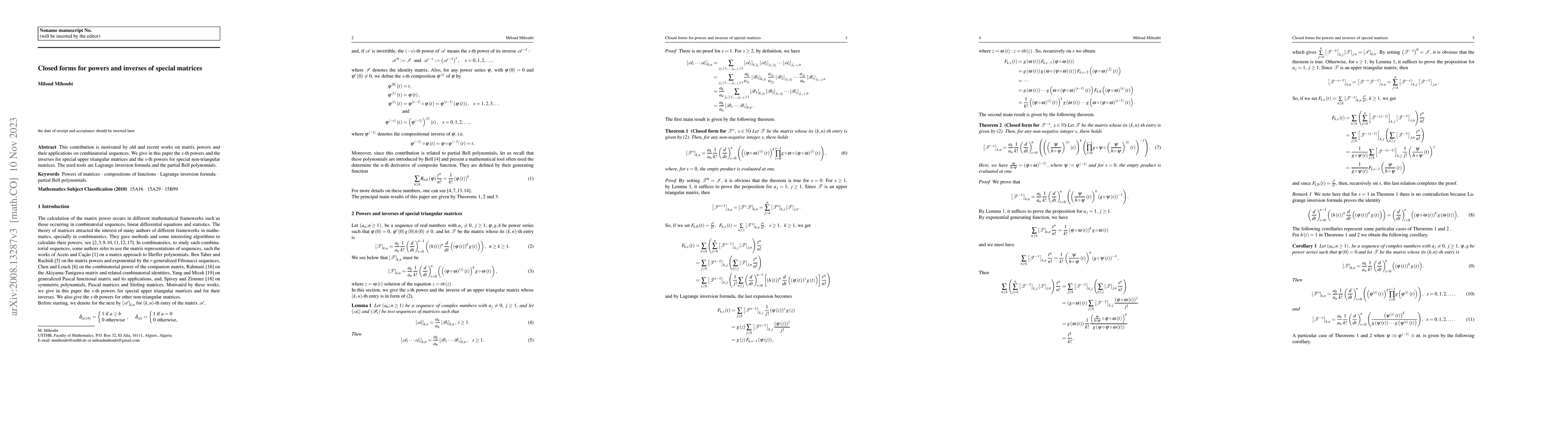 Thumbnail for Closed forms for powers and inverses of special matrices