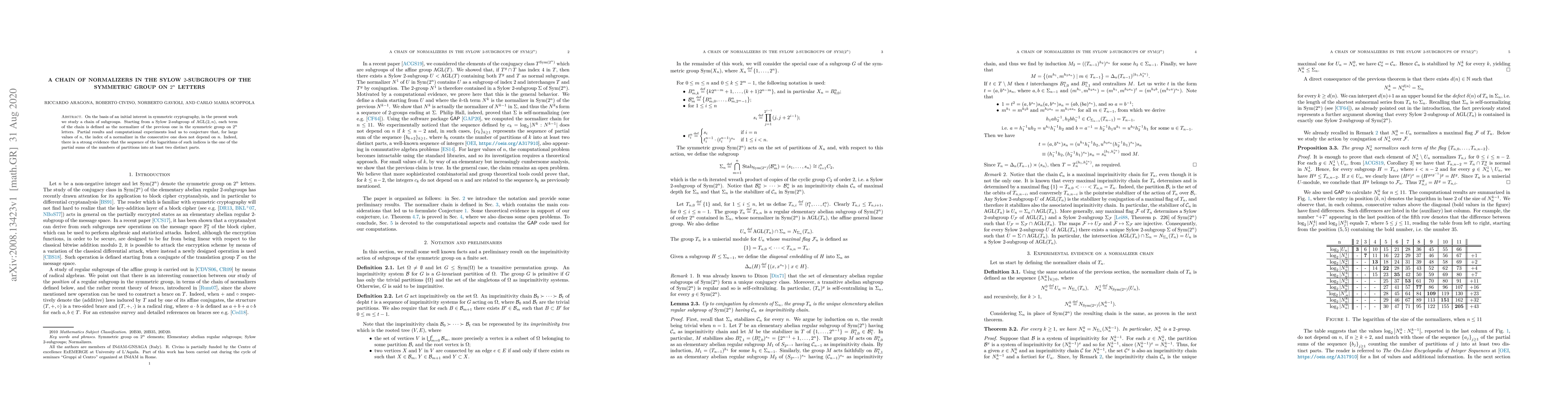 Thumbnail for A Chain of Normalizers in the Sylow $2$-subgroups of the symmetric group
  on $2^n$ letters