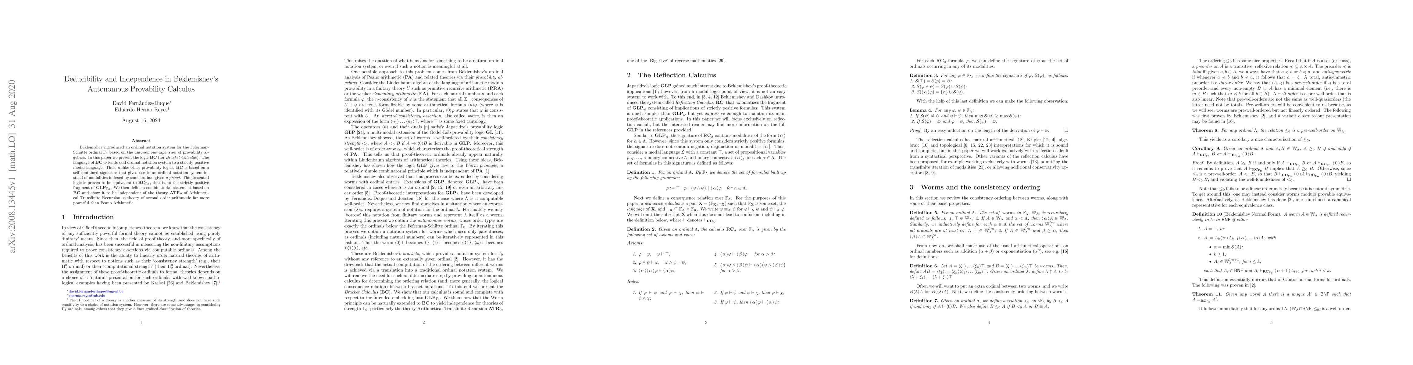 Thumbnail for Deducibility and Independence in Beklemishev's Autonomous Provability
  Calculus