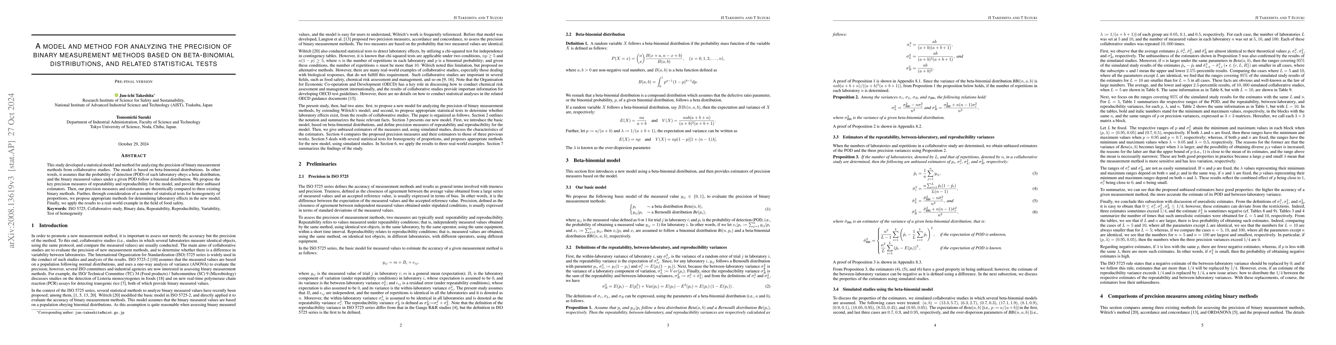 Thumbnail for A model and method for analyzing the precision of binary measurement
  methods based on beta-binomial distributions, and related statistical tests