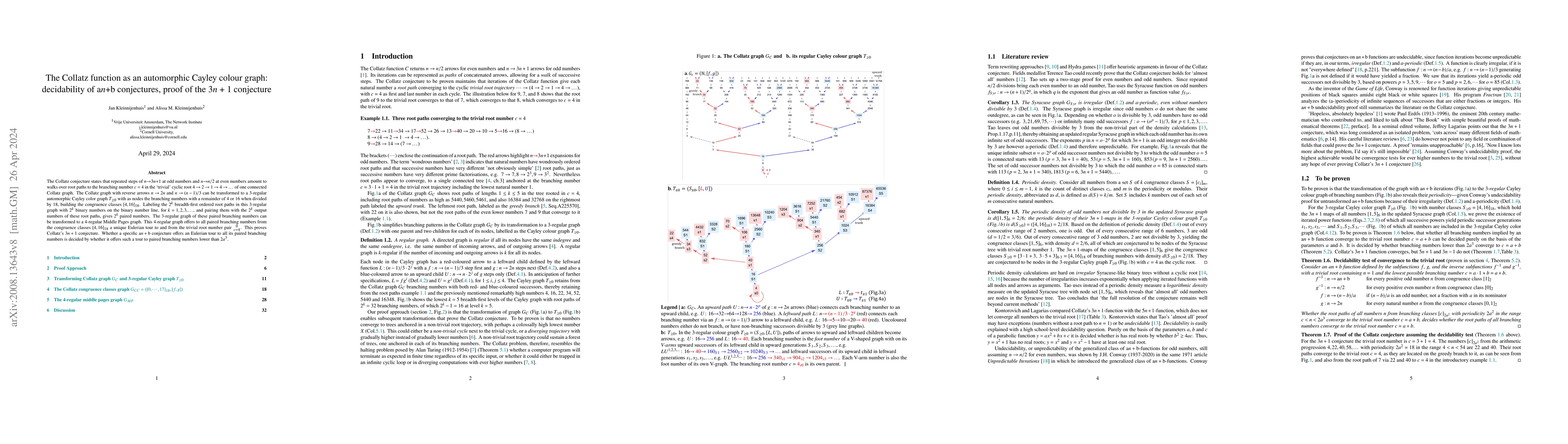 Thumbnail for The Collatz function as an automorphic Cayley colour graph:decidability
  of $an+b$ conjectures, proof of the $3n + 1$ conjecture