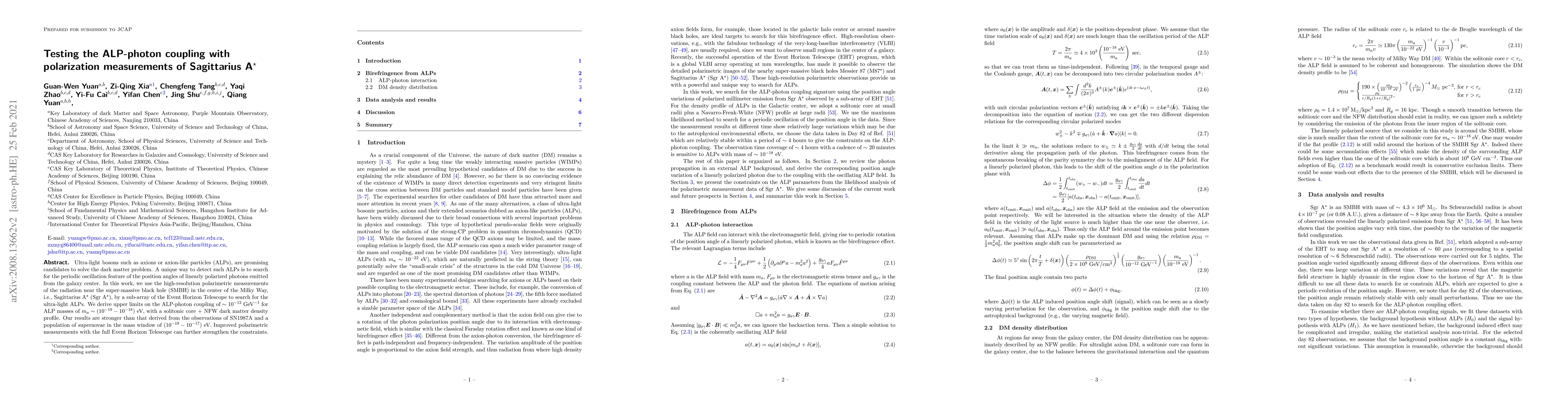 Thumbnail for Testing the ALP-photon coupling with polarization measurements of
  Sagittarius A*