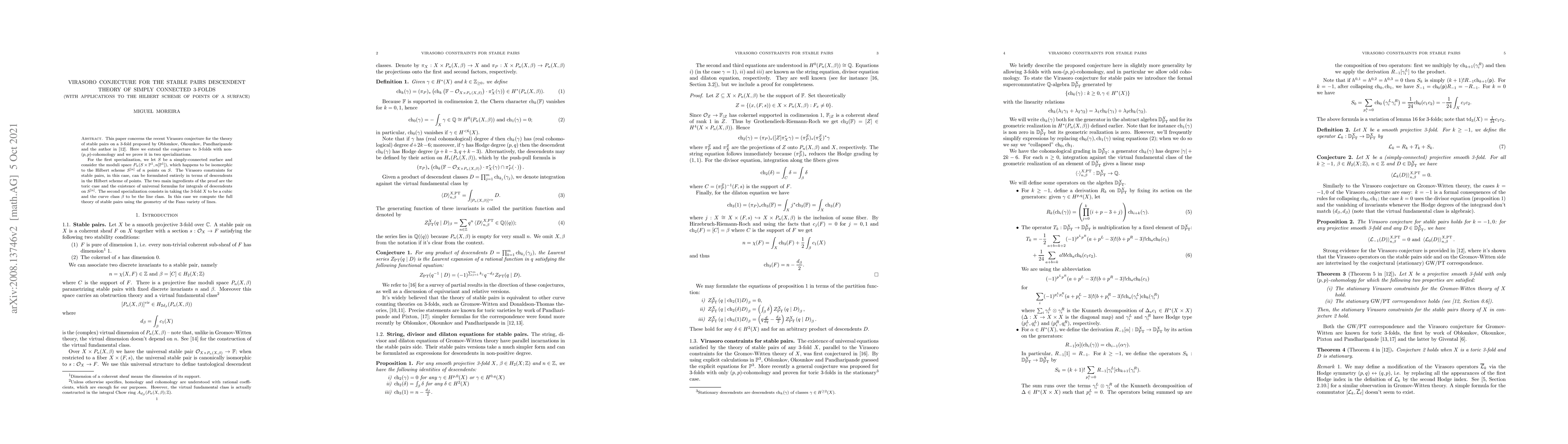 Thumbnail for Virasoro conjecture for the stable pairs descendent theory of simply
  connected 3-folds (with applications to the Hilbert scheme of points of a
  surface)