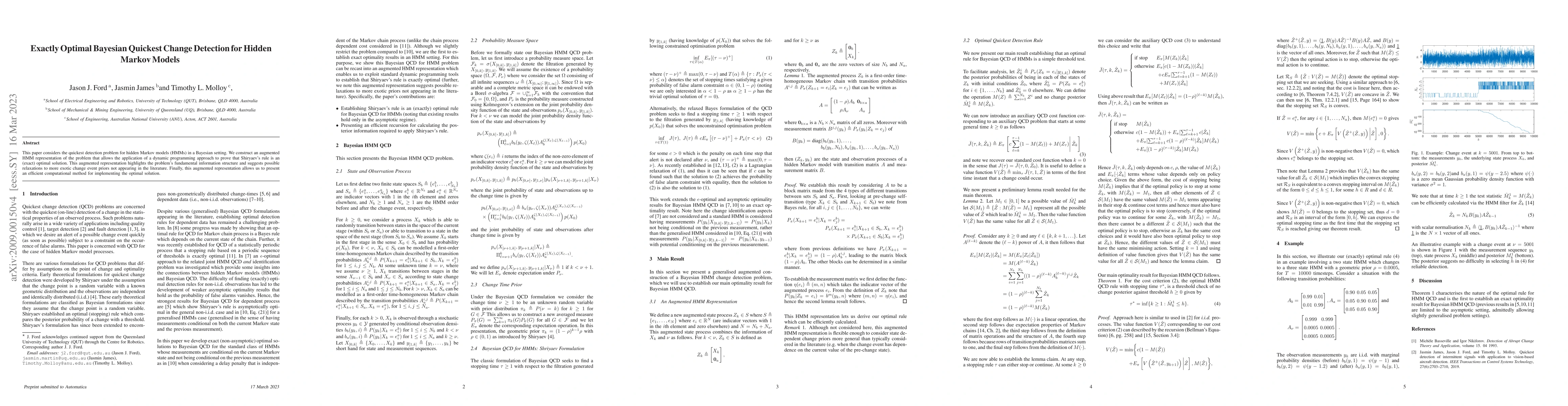 Thumbnail for Exactly Optimal Bayesian Quickest Change Detection for Hidden Markov
  Models