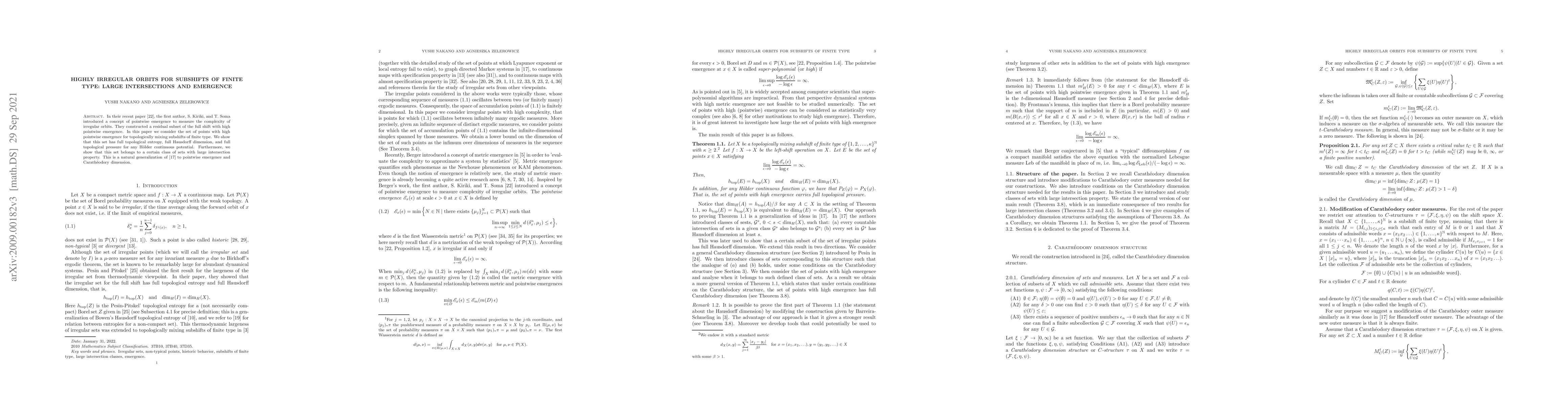 Thumbnail for Highly irregular orbits for subshifts of finite type: large
  intersections and emergence