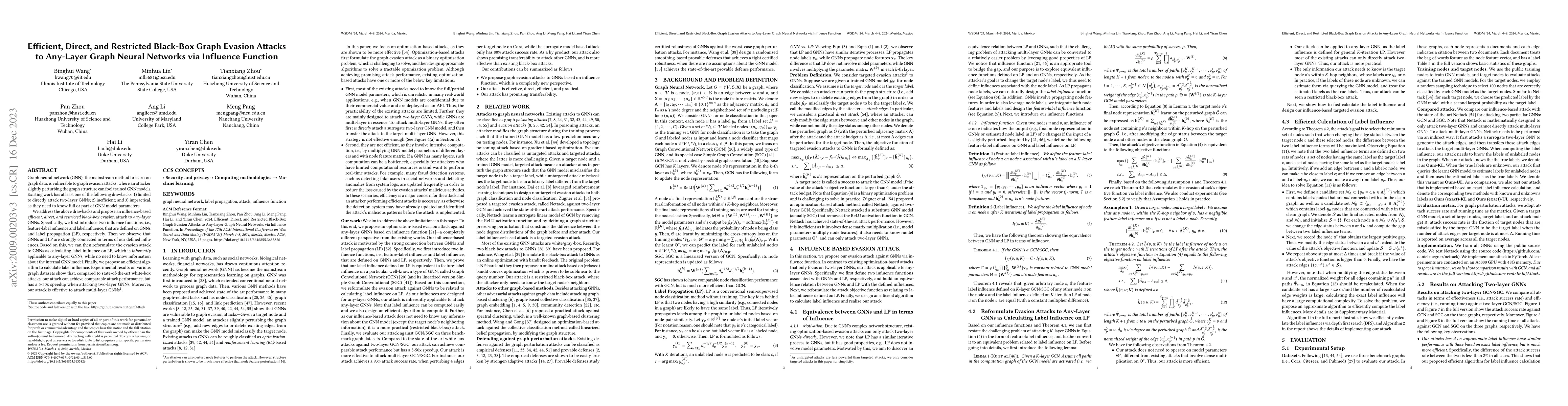 Thumbnail for Efficient, Direct, and Restricted Black-Box Graph Evasion Attacks to
  Any-Layer Graph Neural Networks via Influence Function